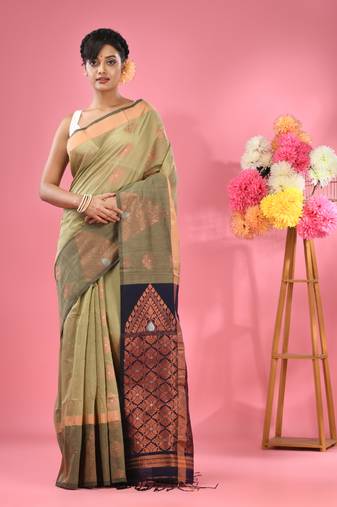 Ecru cotton blend handwoven saree with nakshi designs