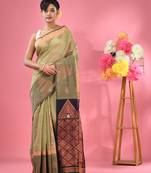 Ecru cotton blend handwoven saree with nakshi designs