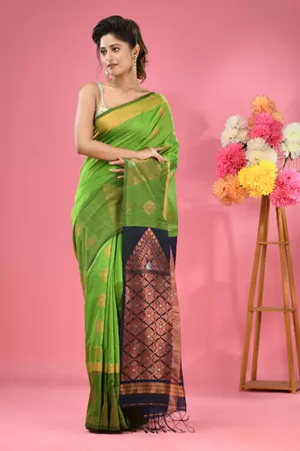 Parrot green cotton blend handwoven saree with nakshi designs