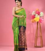 Parrot green cotton blend handwoven saree with nakshi designs