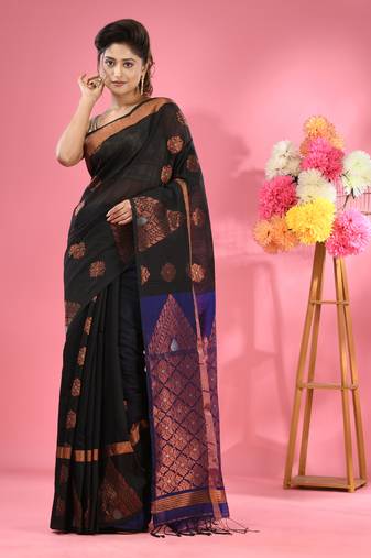 Black cotton blend handwoven saree with nakshi designs