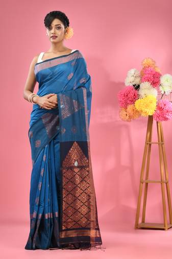 Sapphire blue cotton blend handwoven saree with nakshi designs