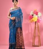 Sapphire blue cotton blend handwoven saree with nakshi designs
