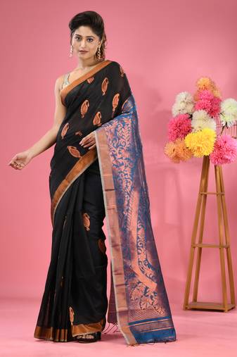 Black cotton blend handwoven saree with paisley motifs