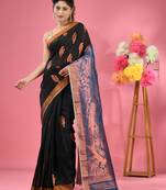 Black cotton blend handwoven saree with paisley motifs