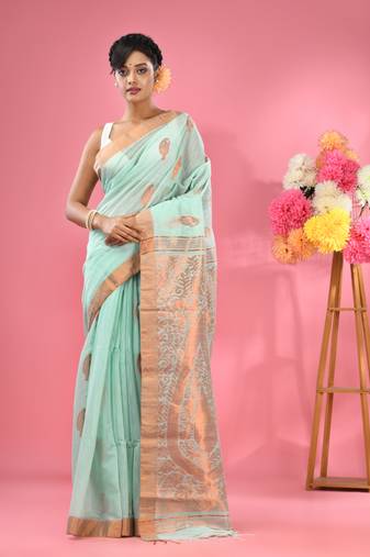 Sea green cotton blend handwoven saree with paisley motifs