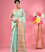 Sea green cotton blend handwoven saree with paisley motifs