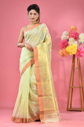 Pistachio green cotton blend handwoven saree with paisley motifs