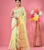 Pistachio green cotton blend handwoven saree with paisley motifs