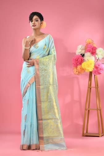Sky blue cotton blend handwoven saree with paisley motifs