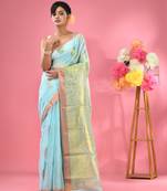 Sky blue cotton blend handwoven saree with paisley motifs