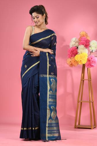 Navy blue cotton blend handwoven saree with texture motifs