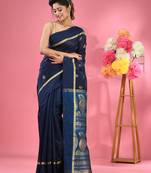 Navy blue cotton blend handwoven saree with texture motifs