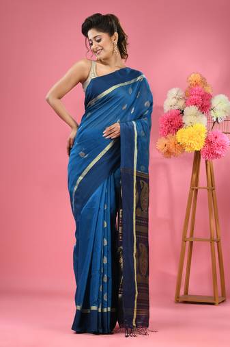Sky blue cotton blend handwoven saree with texture motifs