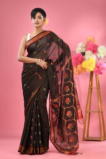 Black cotton blend handwoven saree with zari border
