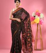 Black cotton blend handwoven saree with zari border