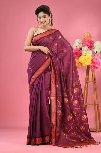Magenta cotton blend handwoven saree with zari border