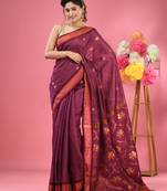 Magenta cotton blend handwoven saree with zari border