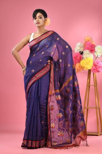 Blue cotton blend handwoven saree with floral motifs