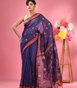 Blue cotton blend handwoven saree with floral motifs