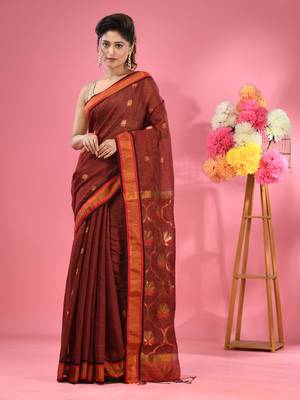 Maroon cotton blend handwoven saree with floral motifs 1