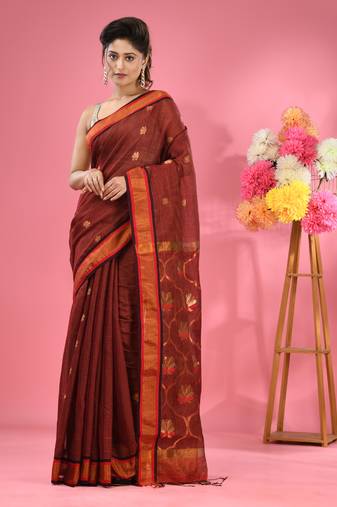 Maroon cotton blend handwoven saree with floral motifs