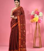 Maroon cotton blend handwoven saree with floral motifs