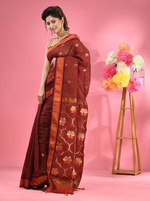 Maroon cotton blend handwoven saree with floral motifs 2