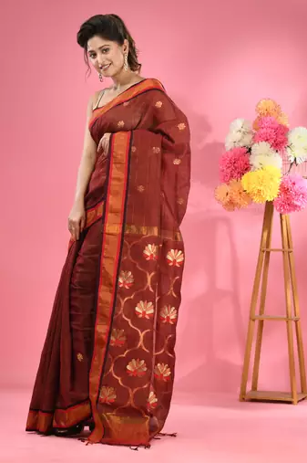 Maroon cotton blend handwoven saree with floral motifs