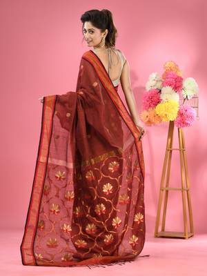 Maroon cotton blend handwoven saree with floral motifs 3