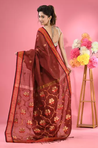 Maroon cotton blend handwoven saree with floral motifs