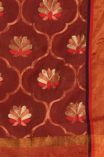 Maroon cotton blend handwoven saree with floral motifs
