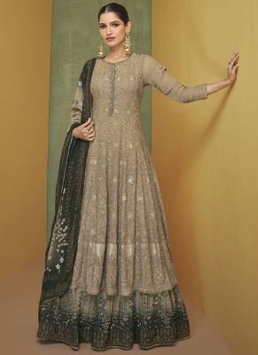 Dusty green sequins embroidery wedding anarkali suit 1