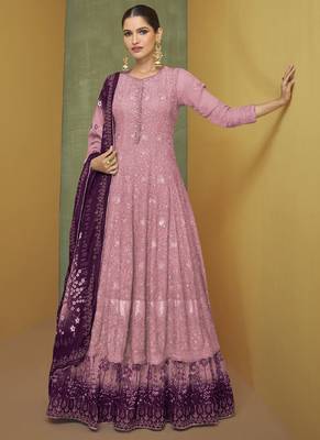 Dark pink sequins embroidery wedding anarkali suit With Dupatta 1