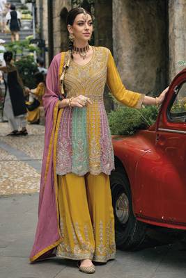 Yellow and pink multi embroidery wedding gharara suit 1