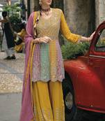 Yellow and pink multi embroidery wedding gharara suit