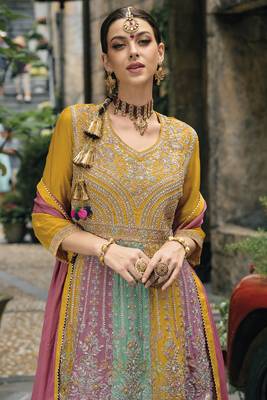 Yellow and pink multi embroidery wedding gharara suit 2