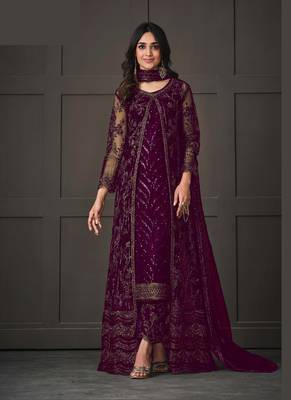 Wine net wedding indian pakistani long gown anarkali suit 1