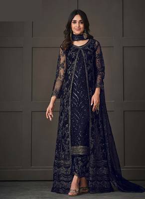 Navy blue net wedding indian pakistani long gown anarkali suit 1