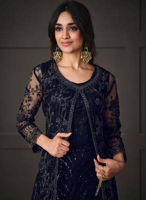 Navy blue net wedding indian pakistani long gown anarkali suit 2