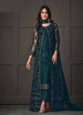 Teal Blue net wedding indian pakistani long gown anarkali suit 1