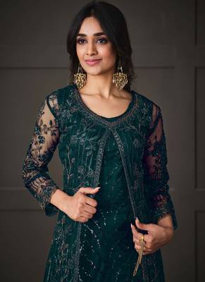 Teal Blue net wedding indian pakistani long gown anarkali suit 2