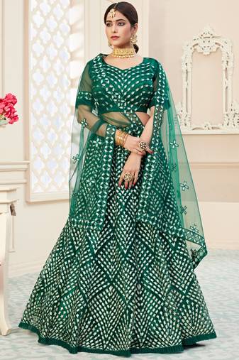 Green embroidered art silk semi stitched lehenga