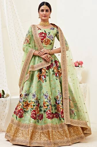 Light-Green Embroidered Art Silk Semi Stitched Lehenga