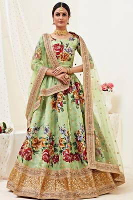 Light-Green Embroidered Art Silk Semi Stitched Lehenga 2