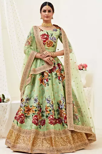 Light-Green Embroidered Art Silk Semi Stitched Lehenga