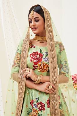 Light-Green Embroidered Art Silk Semi Stitched Lehenga 4