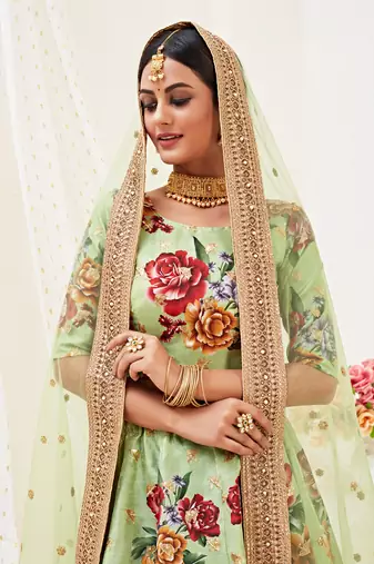 Light-Green Embroidered Art Silk Semi Stitched Lehenga