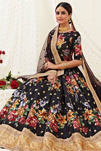 Black embroidered art silk semi stitched lehenga