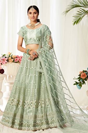 Light-teal embroidered net semi stitched lehenga